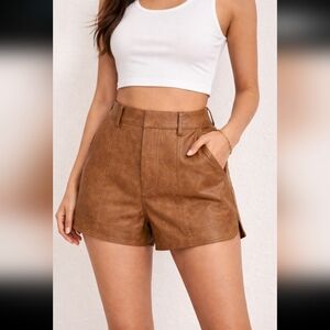 Love Riche Tan High Waist Women's Shorts Brown Faux Leather Size Small